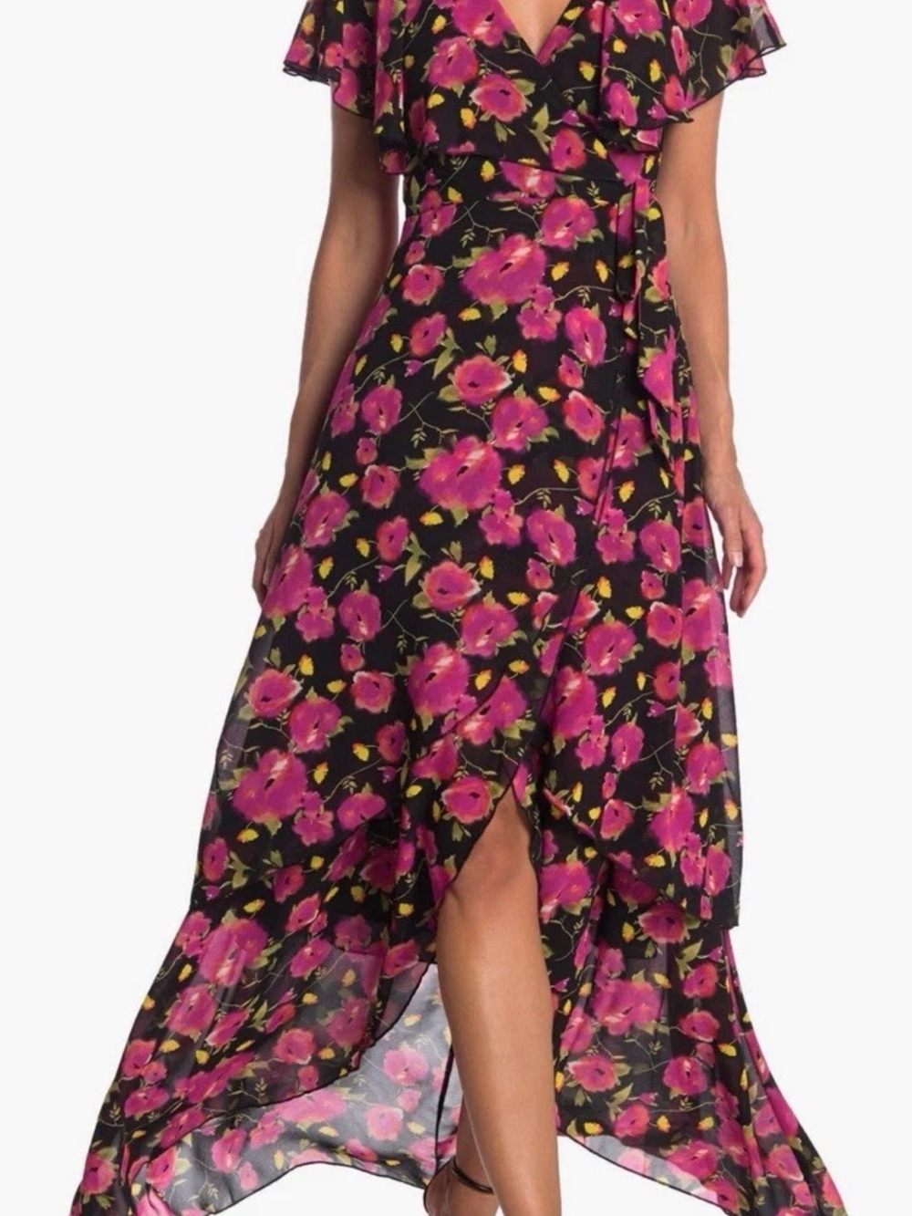 Abound Black Maxi Wrap Dress with Pink Floral Print NWOT XL